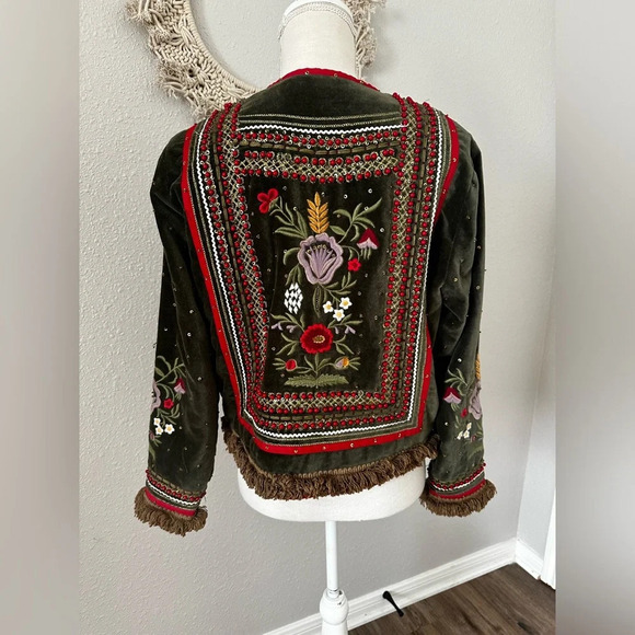 Indigo Moon Dark Green Velvet 3 Floral Embroidered Lined Jacket Small - Picture 5 of 9